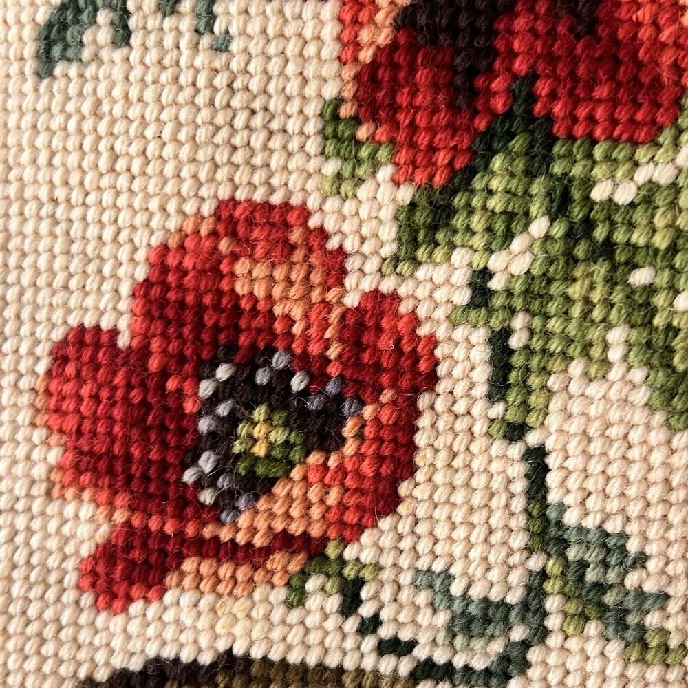 Vtg 7Os Poppies Needlepoint Bell Pull Wall Hanging Tapestry Brass Hardware - Picture 5 of 16